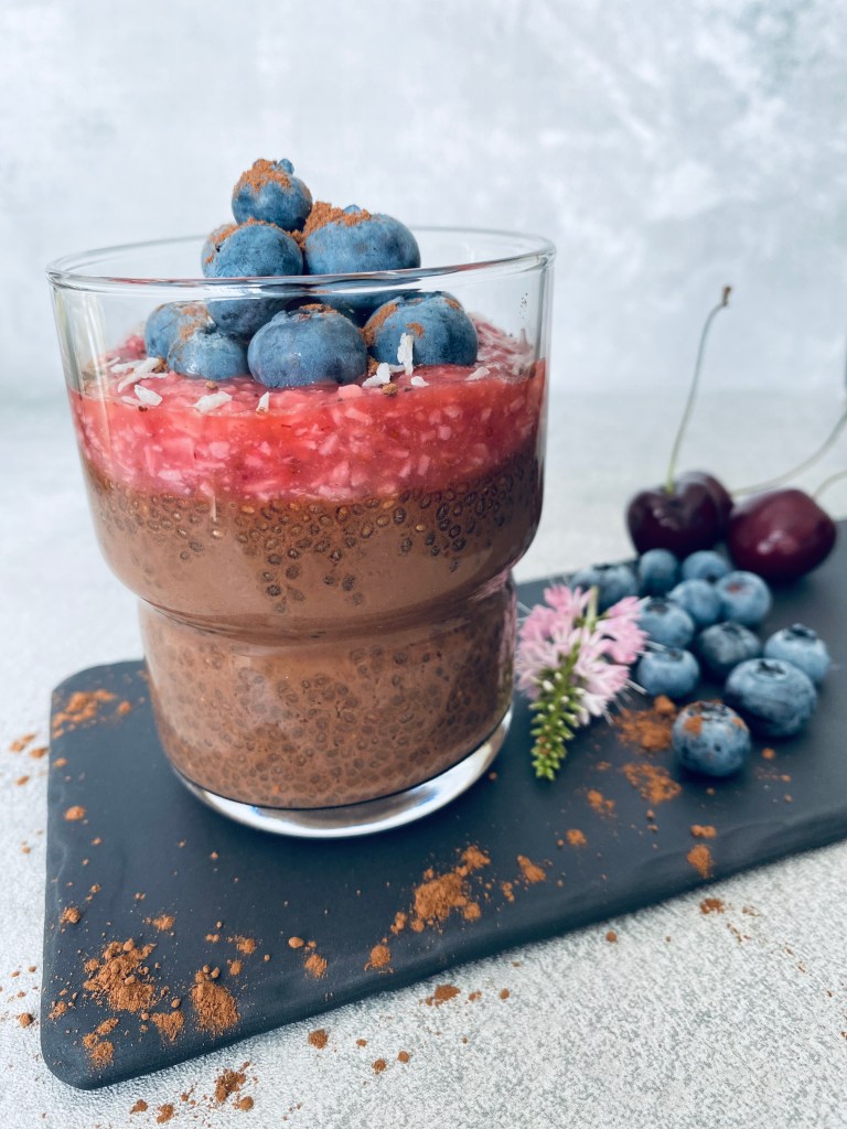 Chocolate Chia Pudding With Strawberry Coconut Layer
