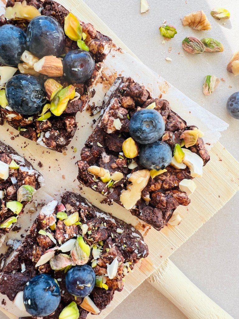 Chocolate Cookie Snack Bars with Blueberries and Nuts